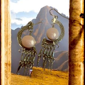 Peruvian Pink Opal (common opal) Silver Crescent Moon Silver Fringe 2.5 inches